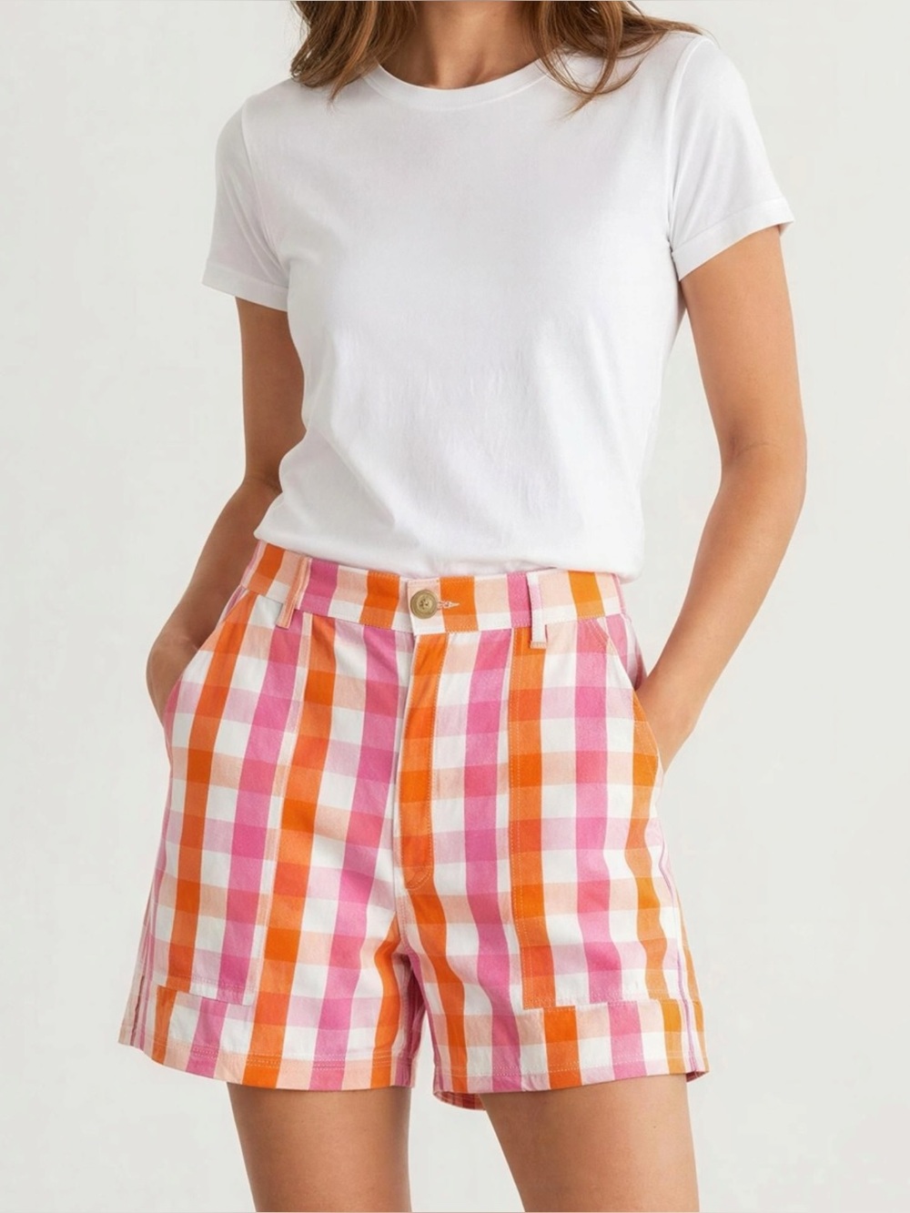 BIG BUD PRESS Gingham Plaid Work Shorts, Pink/Orange, Medium